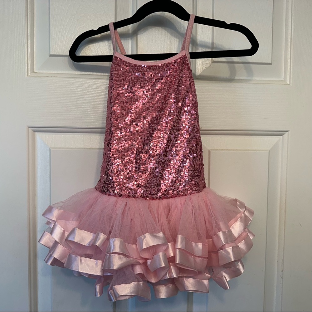 Sparkling Pink Sequin Kids Tutu Leotard Costume Dress - Criss Cross Back